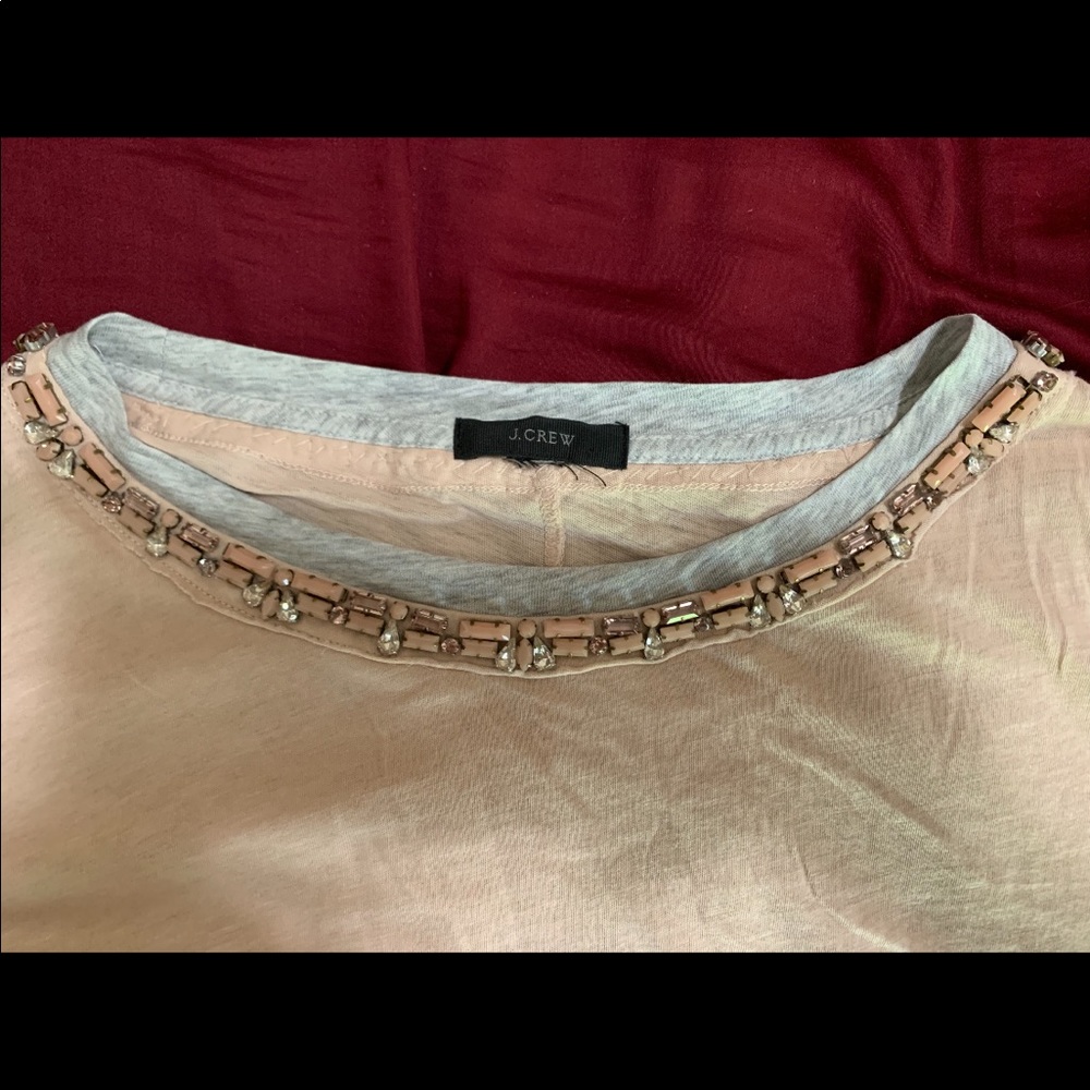 Tan JCrew t-shirt with jeweled neckline